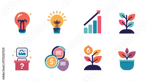 Vector Icon Set with Growth Plants and Business Analytics Elements in Modern Flat Style with Bright Color Palette