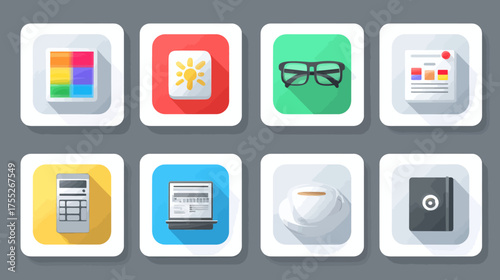 Vector Icon Set of Office and Technology Elements in Modern Flat Style with Bright Colors
