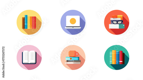 Flat Vector Icon Set of Book Shelves and Reading Materials in Modern Minimalist Style with Bright Color Palette for Educational and Library Branding
