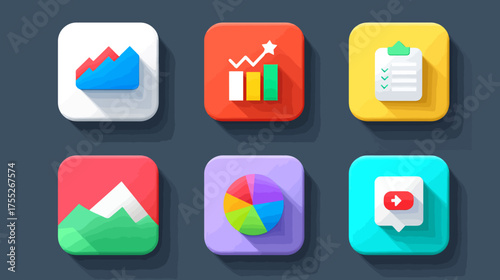 Vector Icon Set of Business Analytics and Data Visualization in Modern Flat Style with Bright Colors