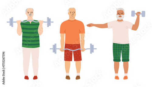 Older men do sports strength training barbell exercises. Muscle growth health improvement. Elderly people characters workout cartoon vector set. Therapeutic sport old adult senior fitness barbell gym