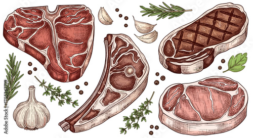 Assortment of Fresh Meat Cuts and Flavor Enhancers for Cooking