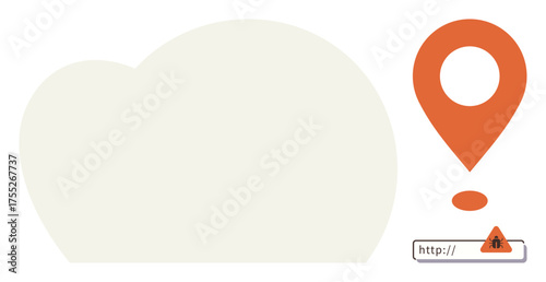Orange pinpoint with exclamation mark, warning sign near URL. Ideal for navigation, technical error, geotag safety, web issues, digital risk, online security, simple flat metaphor