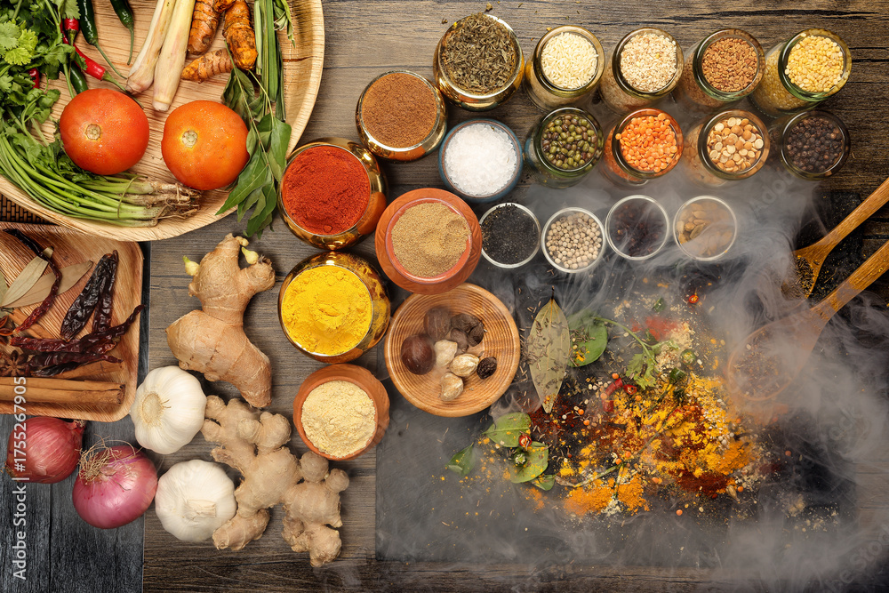 Fototapeta premium Overhead flat lay vibrant colourful spices herbs fresh produce vegetables legumes on wooden table spread splash smoking spice mix dark black slate metal clay pot palm leaf plate board copy text frame