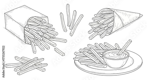 Delicious hand-drawn french fries collection showcasing various servings, perfect for any fast food menu or snack illustration