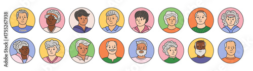 Set of avatars of happy smiling elderly people. Portraits old men and women characters line doodle set. Laughter joy, smile adult seniors different nationalities male female circle web avatars vector