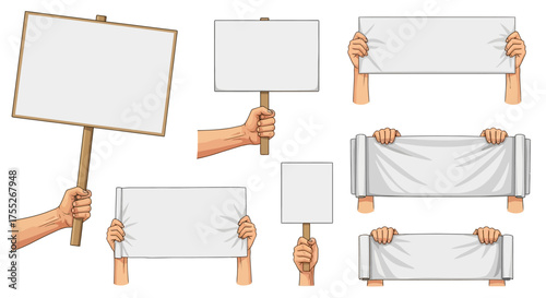 Illustrated human hands holding blank protest signs, empty placards, and white banners. Vector graphic set for announcements and messages