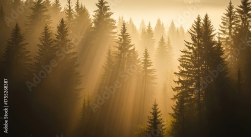 Golden hour sunlight filtering through the misty coniferous forest creating a mystical atmosphere