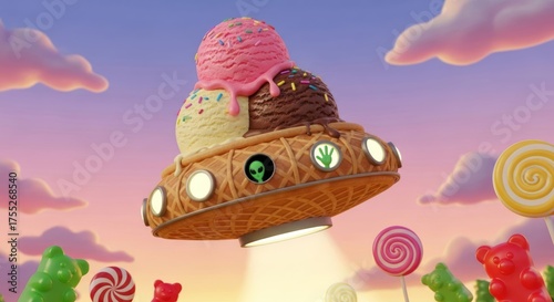 Whimsical Ice Cream Spaceship Journeying Through a Candy-Filled Sky at Sunset Time