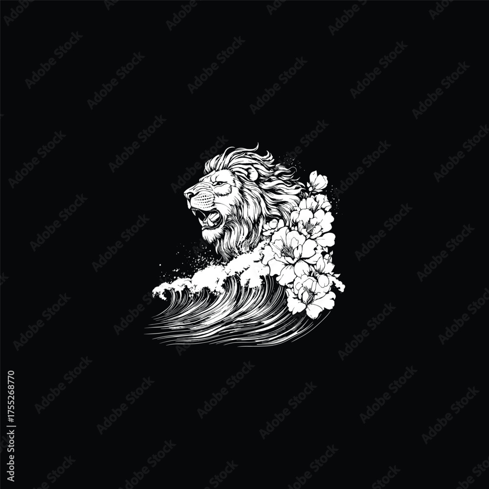 Obraz premium Striking white ink illustration of a roaring lion's head emerging from powerful ocean waves, framed by large, stylized blooming flowers.