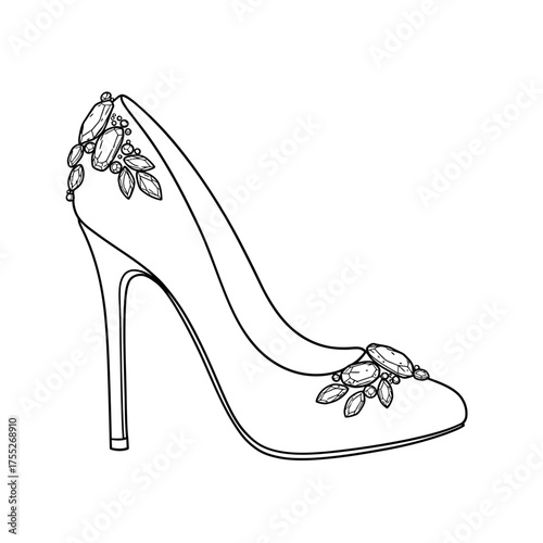 Elegant high heel shoe with gemstone embellishments outline drawing fashion footwear