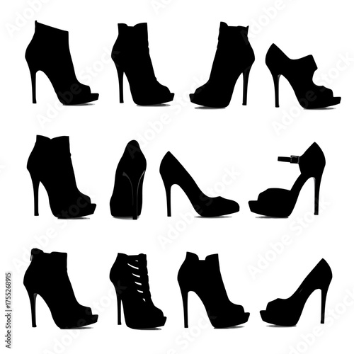Diverse collection of black high heel shoe silhouettes for fashion and design projects