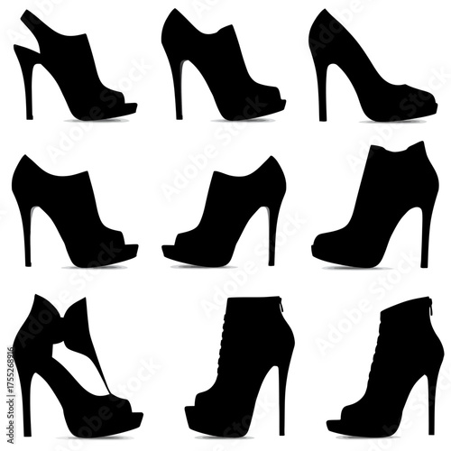 Collection of elegant black high heel shoes silhouettes for fashion and design
