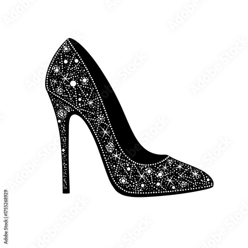 Sparkling black stiletto heel shoe adorned with intricate glittering patterns and embellishments for fashion and elegance
