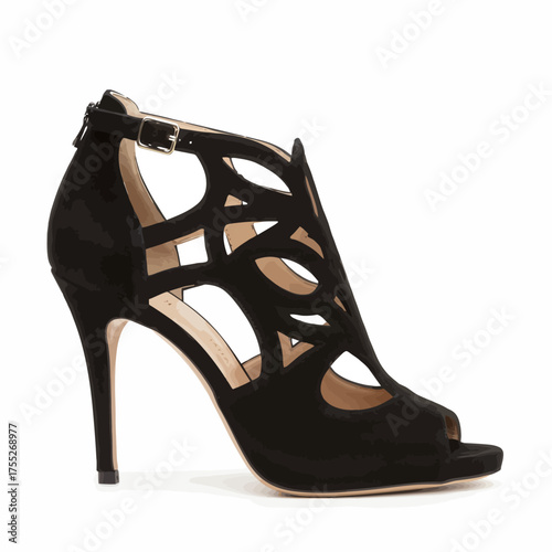 Stylish black suede open toe stiletto heels with intricate cutout details for women