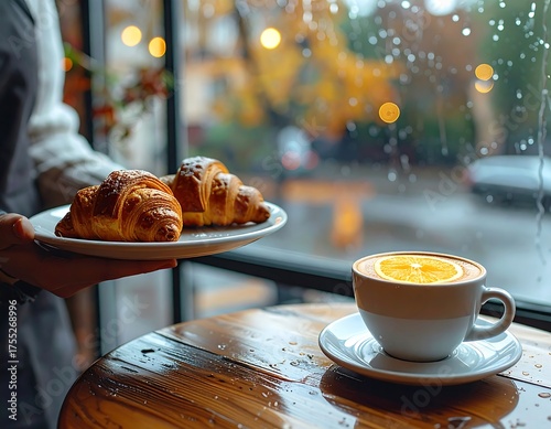 Wallpaper Mural Croissants and Coffee - A Cozy Cafe Moment on a Rainy Day. Torontodigital.ca