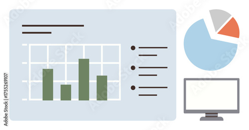 Bar graph, pie chart, and computer screen highlighting data visualization and report analysis. Ideal for business analytics, data management, presentations, progress tracking, research, productivity