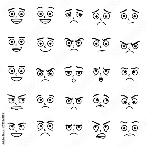 Collection of hand-drawn cartoon faces expressing a wide range of emotions and moods