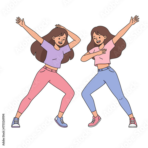 Two young women dancing energetically in a synchronized pose enjoying a modern dance performance