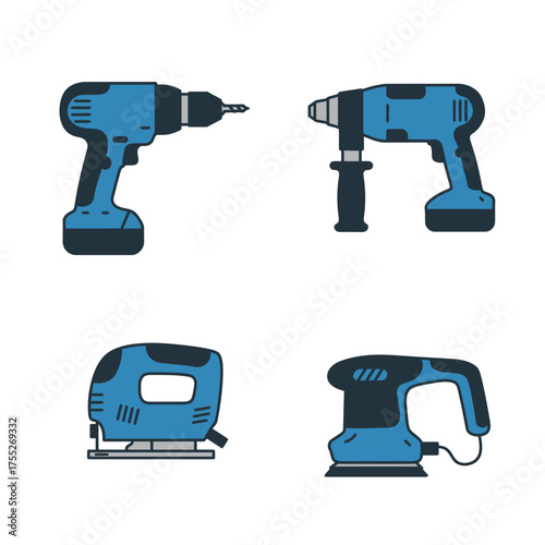 Collection of four blue power tools including drills jigsaw and sander for construction and diy projects