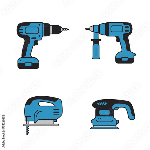 Set of four blue power tools including drills jigsaw and sander for construction and diy projects