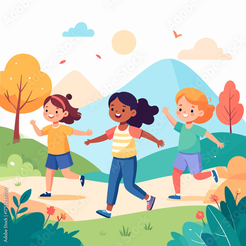 Celebrating World Children’s Day Joyful Kids Running in Nature, Promoting Healthy Lifestyles for Youngsters