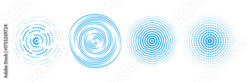 Blue radial concentric circle set. Ripped, dashed and dotted rings for epicenter, target, radar, tsunami, earthquake symbol. Sound wave signal collection. Vector rippled expansive vibration elements