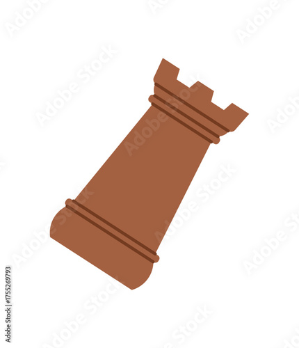 Flat wooden chess rook piece in classic boardgame design. Brown game figure for strategy and chess enthusiasts. Ideal for tabletop tournament themes, entertainment, and hobby visuals.