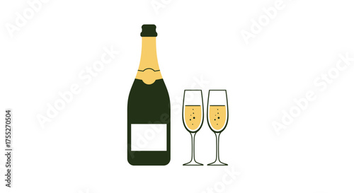 Graphic illustration of a champagne bottle and two flutes filled with sparkling wine.