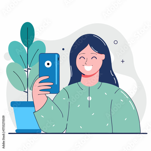 a happy young woman taking a selfie with her smartphone, with a houseplant nearby. Perfect for concepts of social media, technology, self-expression, and online communication.