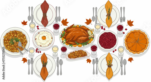 An overhead view of a festive Thanksgiving dinner table laden with a roasted turkey, mashed potatoes, cranberry sauce, stuffing, pumpkin pie, and autumn leaf decorations.