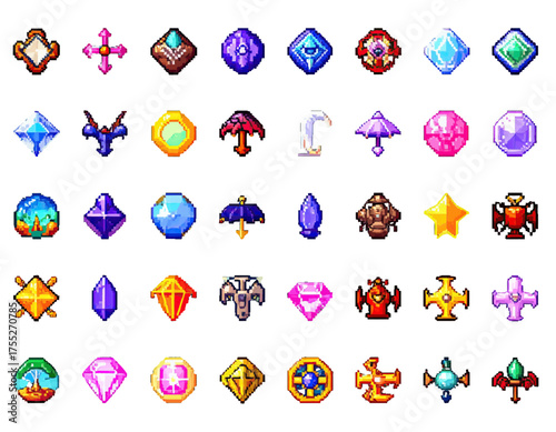 A collection of diverse, pixelated gemstones and stylized emblems, each with unique designs