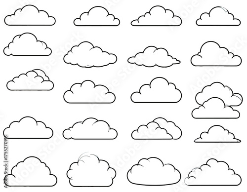 A collection of black and white cartoon clouds in various shapes and sizes, on a white background