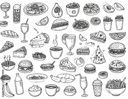 A monochrome illustration showcasing a variety of food and drinks, designed with black line art on white