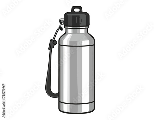A stylized illustration depicts a water bottle with a black cap and strap against a white backdrop