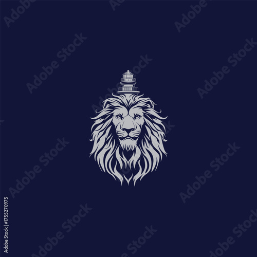 Strong and majestic vector logo illustration featuring a powerful lion's head with a lighthouse integrated on top of its mane