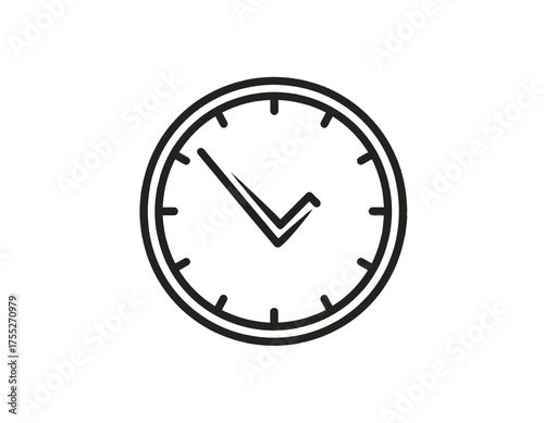 Simple black and white illustration of a clock face with hands indicating a time. White background