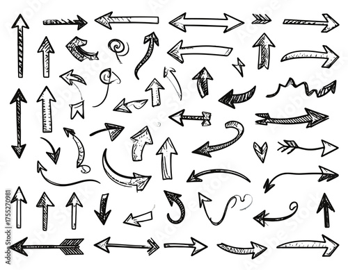 Hand-drawn collection of arrows in various directions, styles, shapes, and sizes. Black outline on white background