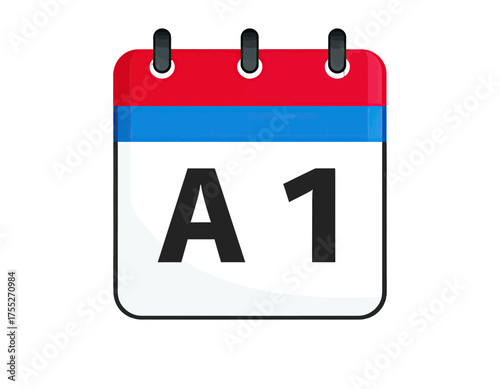 Illustrated wall calendar with rounded corners, red top, blue stripe, white paper with A 1