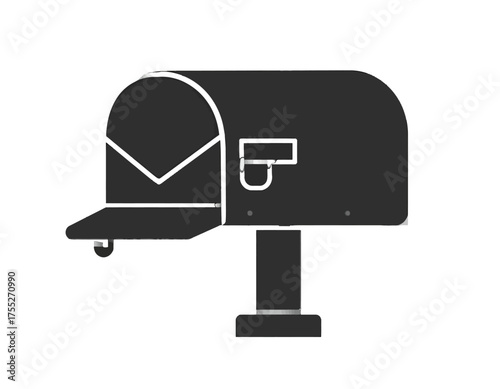 A simplified black mailbox silhouette with an open door, a letter inside, and a supporting post