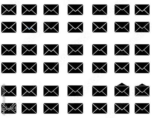 Array of closed and open envelope icons, rendered in black and white. Uniform, clean design for messaging