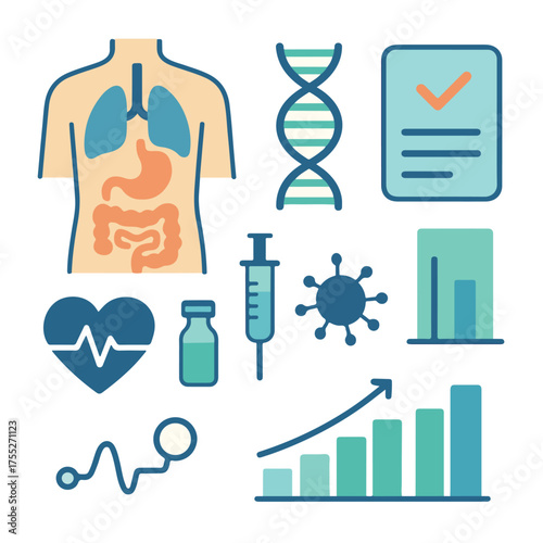 Flat vector illustration of medical infographic elements including human anatomy, DNA, syringe, virus, and health chart. Modern healthcare, biology, and medical research concept design.