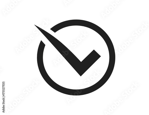 A simple black checkmark inside a thick, hollow circle on a white background