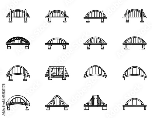 A collection of sixteen different sketched arch bridges rendered in a simple black and white outline