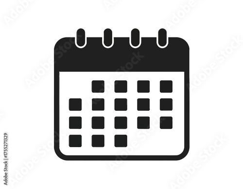 Simple black and white icon of a calendar, showcasing dates and appointment scheduling concepts