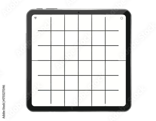 Tablet device shows an empty grid, a frame-like outline with a rounded corner design