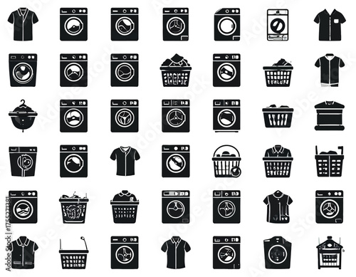 Collection of laundry illustrations, featuring washing machines, clothes, baskets, and a clothes drying rack