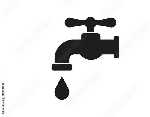 A black icon of a faucet with a single water drop against a white background
