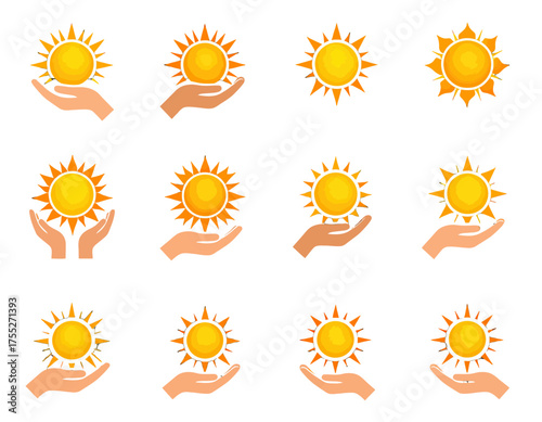 Twelve stylized images of the sun, rendered in shades of yellow and orange, with varying rays, and held in open hands