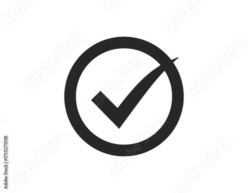 A dark gray checkmark inside a circle on a white background. Simple and minimalistic graphic